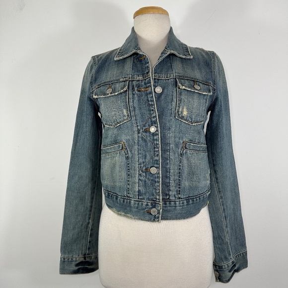 Vintage Abercrombie & Fitch Stone Washed Distressed Cropped Denim Y2K Jacket S - Picture 2 of 15